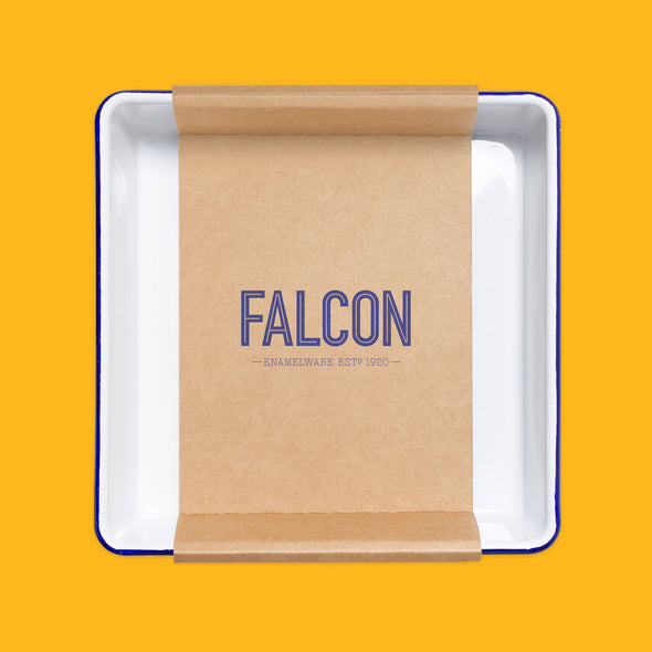 Falcon enamelware bake tray in white with blue rim